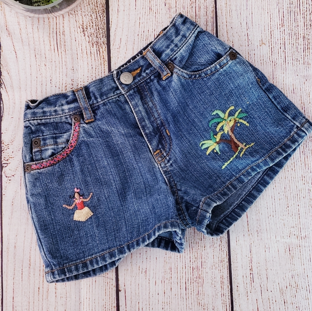 GAP Embroidered Denim Shortie Shorts Palm Tree Hibiscus Flower Hula Dancer